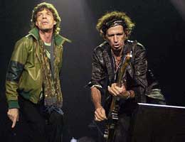 Rolling Stone's Mick Jagger and Keith Richards perform in London on Saturday