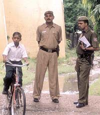 The police personnel outside the Govt Secondary School (Saket) where a 12-year-old girl was allegedly raped on Monday.