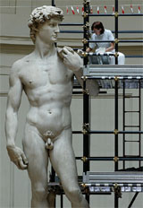 Italian restorer Cinzia Parnigoni cleans Michelangelo's David in Florence 