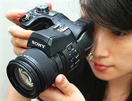 Sony Corp unveils the new Cyber-Shot digital camera DSC-F828 at a Sony office in Tokyo