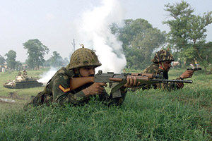 Soldiers takes part in a training exercise at Rayya, 40-km east of Amritsar