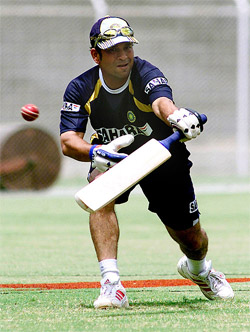 Mumbai skipper Sachin Tendulkar practices at a training session 