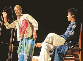 A scene from Daya Prakash Sinhas play 'Mere Bhai Mere Dost', which was staged at Tagore Theatre on Thursday.