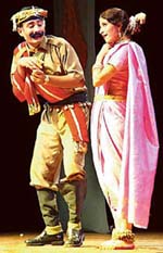 A scene from Kewal Dhaliwals play, "Saiyan Bhaye Kotwal", which was staged at Tagore Theatre on Friday. 