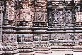 The carved edges of the tower around the garbhagriha