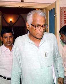 Defence Minister and NDA Convener George Fernandes comes out of senior BJP leader M. M. Joshi's residence in New Delhi 