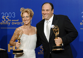 "Sopranos" stars Edie Falco and James Gandolfini hold their Emmy for outstanding lead actress and actor