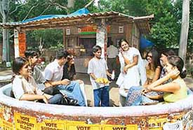 Students share a joke during a break at The Hut in Panjab University, Chandigarh, on Tuesday.