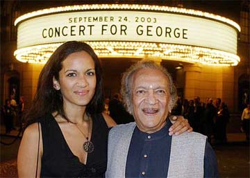 Sitar maestro Ravi Shankar and daughter Anoushka Shankar arrive for the screening of "Concert for George"