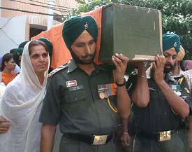 The body of Lt Kanavdeep Singh is brought to his house at Guru Har Rai Avenue in Amritsar