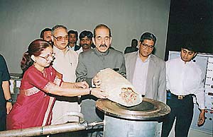 Alka Zadgaonkar demonstrates the petrol-making process to politicians and IOC officials