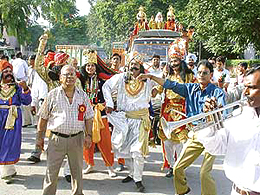 A Ramlila team along with residents participate in Lord Ramas 'baraat' in Chandigarh on Sunday.