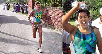 Kaptan Singh (chest number 55) of the Services finishes first; and Sneha Shampur of Karnataka who secured the first place in the womens section pours water after finishing the race at the Sukhna Lake during the 12th Senior National Triathlon Championship.