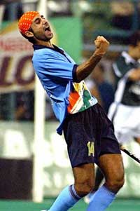 Prabhjot Singh celebrates after scoring the fourth goal against Pakistan