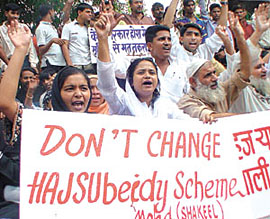 Activists of the Akhil Bhartiya Muslim Yuva Ekta Committee protesting against the NDA government on the issue of changes in Haj subsidy scheme at Jantar Mantar in the Capital on Sunday