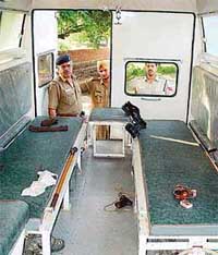 The highway medical-cum-security van stationed near Sector 33 petrol station on Dakshin Marg in which Head Constable Surinder Kumar received a bullet shot while servicing his official pistol on Monday in Chandigarh.