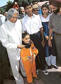 She will be our second Kalpana Chawla, President A.P.J. Abdul Kalam seems to be saying to Ridam Sharma during an interaction with schoolchildren in Chandigarh on Monday.