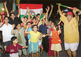 Jubilant supporters celebrate Indias victory over Pakistan in the Asia Cup, in the Field Ganj area, Ludhiana