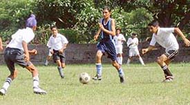 A match between GMSSS, Sector 10, and St Peters School, Sector 37, in progress at the sub-junior football meet in Chandigarh on Tuesday