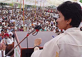 A former Union Minister and spokesperson of the AICC, Ms Selja, speaks at a public meeting
