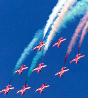 Indian Air Force planes perform the ‘Suryakiran’ during an air show in Amritsar on Tuesday.