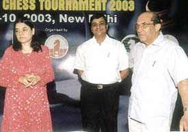 Maneka Gandhi, Pradeep Jain, Chairman, Parsvnath, and AICS president Vijay Kumar Malhotra at the inauguration of the Parsvnath International Chess Tournament in the Capital on Thursday.