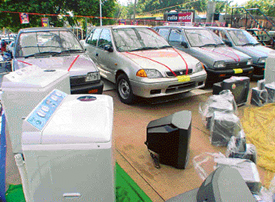 Mega prizes offered by the Sector 22-D market for its customers on display
