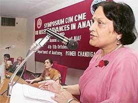 The PGI Dean, Prof Sudha Suri, delivers the keynote address at a symposium on Recent advances in anatomy 