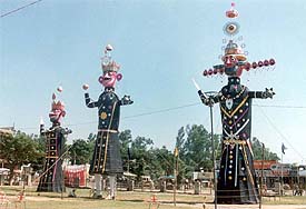 Effigies of Ravana, Meghnath and Kumbhkaran which will be consigned to flames at Jamalpur on Sunday.