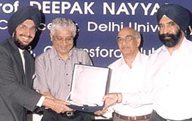 IPS General Secretary P. S. Bedi, Delhi University Vice-Chancellor Prof Deepak Nayyar, IPS Vice-President Ramesh Suri and G. S. Gujral, from the UK Chapter of IPS, at the inauguration ceremony of the IPS book bank.