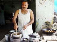 Birbals descendant, Ashok Kumar Bhatt, at his tea shop in Boodhia market in Yamunanagar