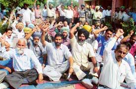 PSEB employees stage a dharna in front of their office on the Ferozepore road