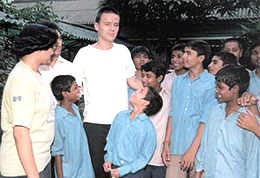 Indian Grandmaster Koneru Hampy and Grandmaster Dmitry Svetushkin of Moldova, who are playing in the Parsvnath International Chess Tournament, interacting with the children of Prayas in the Capital.