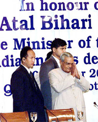 Prime Minister Atal Bihari Vajpayee greets the gathering on his arrival