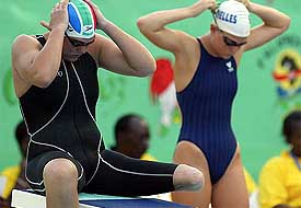 Natalie Du Toit of South Africa, who lost her leg in a car accident, prepares for the start of the 1,500 m freestyle