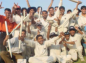 Jubilant players of the Jalandhar team that beat Chandigarh to retain the title in the Third Punjab State Cricket Tournament for Deaf and Dumb 