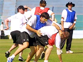 Members of New Zealand team enjoy themselves during a an innovative drill designed to sharpen reflexes 