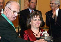 Catherine Bertini, right, an undersecretary general at the United Nations, is awarded the 2003 World Food Prize in a ceremony at the House Chambers of the Iowa Statehouse.