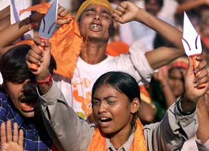 VHP activists hold a rally at Ayodhya on Saturday