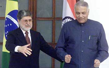 External Affairs Minister Yashwant Sinha with Brazilian Foreign Minister Celso Amorim at the Joint Commission Meeting in New Delhi 