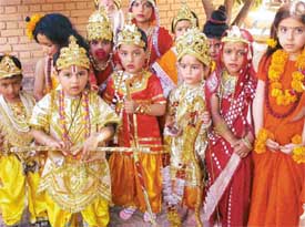Kids dressed up like characters of Ramayana, during a fancy dress competition in Chandigarh