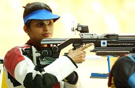Shooter Anjali Bhagwat in action on her way to win the silver medal in the 10m air rifle round