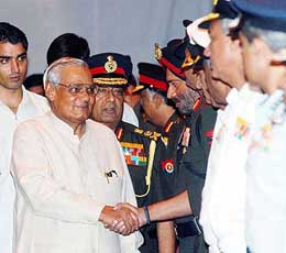 Prime Minister Atal Bihari Vajpayee with commanders before the Combined Commanders Conference at South Block in New Delhi on Saturday.