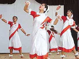 Students of Vivek High School, Sector 38, perform a classical dance during the eighth founders week celebrations on the school premises in Chandigarh on Sunday.