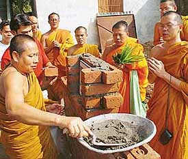 Renowned Buddhist scholar and Deputy Dean, Maha Mukut Buddhist University, Thailand, Dr Dech Sala, lays the foundation stone of the first Buddhist library at Ashoka Buddha Vihar temple at Khuda Ali Sher in Chandigarh on Sunday