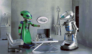 The His And Hers Robots, from the 77th annual Neiman Marcus Christmas Book, are pictured in this undated publicity photograph. The programmable robots stand over six feet tall and were designed and built by International Robotics, and are the most advanced robots on the market, available for $ 4,00,000 for the pair.