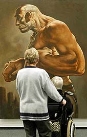 Visitors view an oil painting at the 37th International Modern Art Exhibition