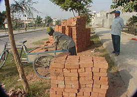 A person selling bricks outside a park in Rishi Nagar in Ludhiana