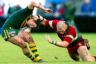 Australia's Danny Buderus fights for the ball 