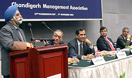 Mr Prithipal Singh, CMD, BSNL speaks at the foundation day function of the Chandigarh Management Association at CII on Wednesday.